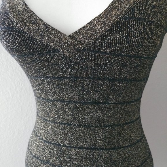 Guess Bodycon V-neck Black Gold Dress LBD Small - Picture 6 of 12